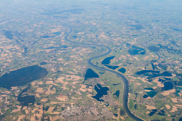 Aerial view of Xanten town (bottom) and Rhine river, Germany