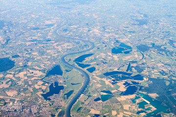 Aerial view of Xanten town (bottom left) and Rhine river, Germany