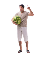 Young man with watermelon isolated on white