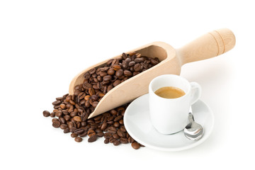 Coffee beans and cup of espresso