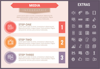 Media infographic timeline template, elements and icons. Infograph includes step number options, line icon set with social media, user profile, broadcast media, music record, telecommunication etc.