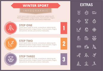 Winter sport infographic timeline template, elements and icons. Infograph includes step number options, line icon set with sport equipment, winner trophy, team games, champion pedestal, athlete etc.