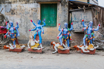 Recently manufactured idols of goddess Kali in Kolkata, India