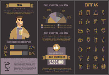 Drink infographic template, elements and icons. Infograph includes customizable graphs, charts, line icon set with bar drinks, alcohol beverage, variety of glasses, non-alcoholic beverages etc.
