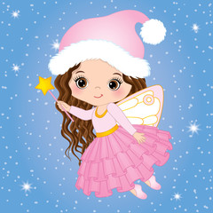 Vector Cute Little Christmas Fairy with Magic Wand Flying