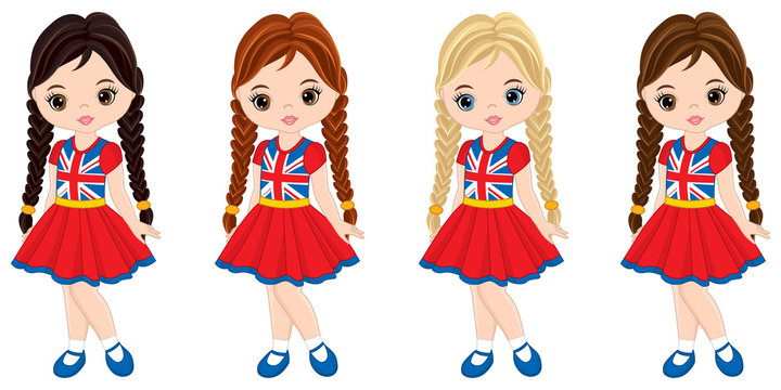 Vector Little Girls Wearing Shirts with British Flag Print