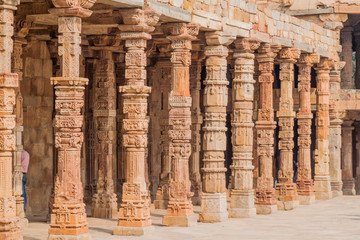 Cloister columns at Quwwat ul-Islam Mosque, Qutub complex in Delhi, India
