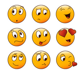 9 cartoon emoticon characters Set with different emotions and facial expressions. Vector design in eps10
