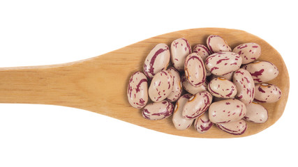 Grains over wooden bamboo spoon. Isolated, White background.