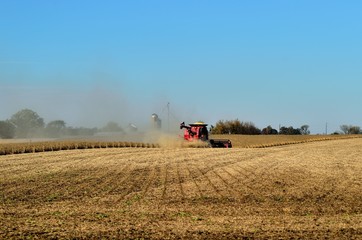 Combine harvesting a corn crop in on a large farm in northeastern Illinois near Burlington, Illinois.