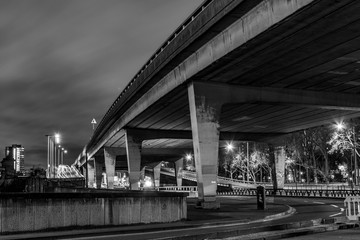 London Overbridge in the Night with Passing Clouds, Black and White