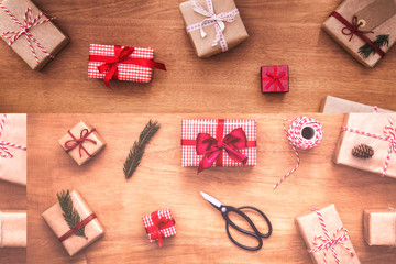 Christmas gifts laid on a wooden table background. Top view.