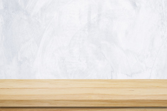 Empty wooden table over white wall background, banner, template, product display montage