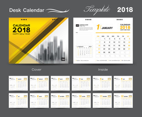 Set Desk Calendar 2018 template design, Yellow cover, Set of 12 Months, Week start Sunday