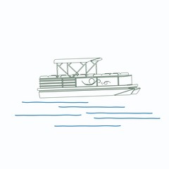Editable Semi-Oblique Side View Pontoon Boat on Calm Water Vector Illustration in Outline Style for Transportation or Recreation Related Design