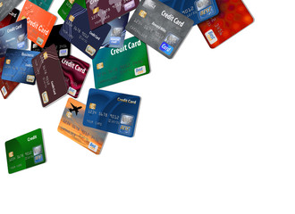 Dozens of credit cards floating and flying isolated on a white background.