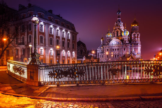 Saint Petersburg. Temple of the Savior on the Blood. Night Petersburg. Russia.