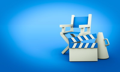 3D render cinema concept with clapboard and megaphone