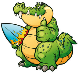Naklejka premium Ilustracja wektorowa Cartoon krokodyl z deską surfingową