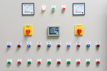 Technical display on control panel with electrical equipment devices cabinet, light