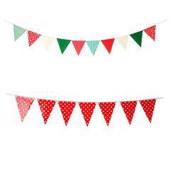 Obraz premium Hanging party flags isolated on white background, decorate items for festival, celebrate event