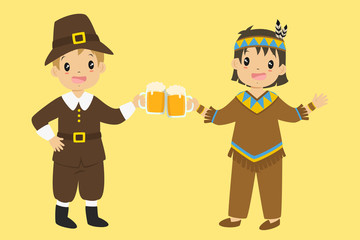 Happy pilgrim and native boy are cheering with pumpkin ale. Thanksgiving character illustration vector