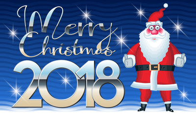Vector cute greeting card with funny Santa Claus saying OK. Merry Christmas 2018 comic banner.