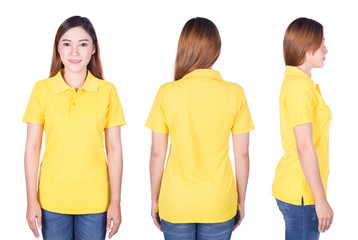 woman in yellow polo shirt isolated on white background