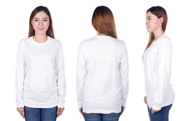 woman in white long sleeve t-shirt isolated on white background