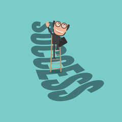 Happy Businessman Climb Up Ladder of Success. Life, Business Successful Concept Vector Illustration