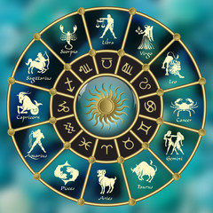 Gold-blue horoscope circle.Circle with signs of zodiac.Vector