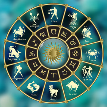 Gold-blue Horoscope Circle.Circle With Signs Of Zodiac.Vector