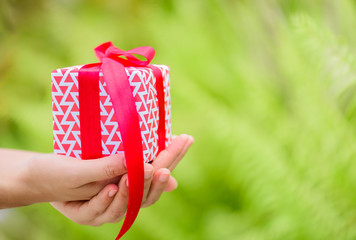 Female hand holding a gift box with red ribbon.  Love, valentine, christmas and new year concept.