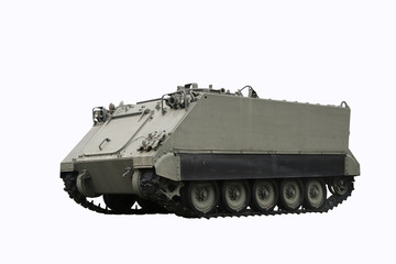 Fototapeta na wymiar M113 tank armored Personnel Carrier on white background. It is an armored military vehicle used to transport troops. clipping path