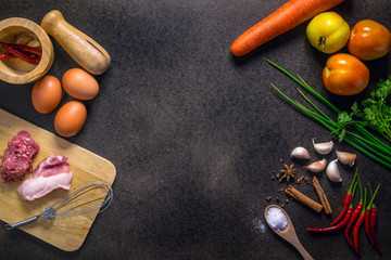 Fresh Vegetables and Meats for Healthy Diet on a rustic table. Top view, copy space