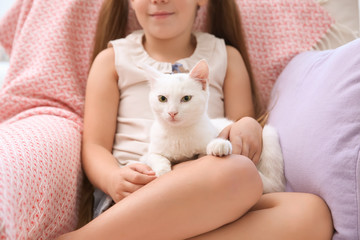 Little girl sitting in armchair with white cat indoors