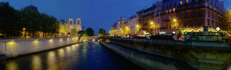 Panoramic view of Notre Dame at Dusk, River Seine, Paris, France