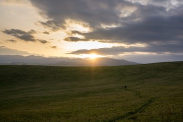 Sunset and sunrise with dramatic colorful clouds. Slovakia