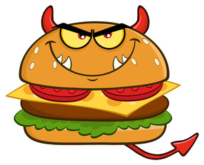 Angry Devil Burger Cartoon Mascot Character. Illustration Isolated On White Background 