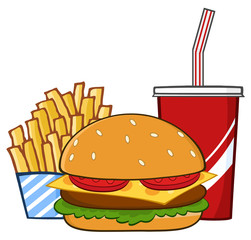 Fast Food Hamburger Drink And French Fries Cartoon Drawing Simple Design. Illustration Isolated On White Background