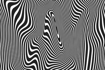 Abstract wavy stripes pattern of twisted curved white and balck ripple lines background. Vector modern trendy distortion 3d relief of curves or geometric zebra texture background