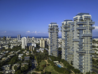 Fototapeta premium Park Tzameret akirov is a newly built residential neighborhood of Tel Aviv israel apartment buildings, surrounded by green space panoramic view Kikar Hamedina