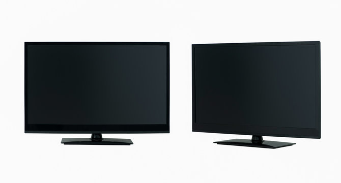 Modern LCD Flat Screen TV In Two Positions On A White Background