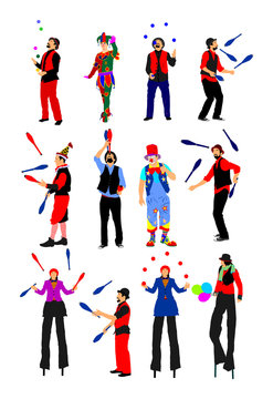 Clown on stilts with balloons vector isolated on white background. Street actor illustration. Juggler artist vector, Juggling with balls and pins. Clown in circus. Performer Artist acrobat.
