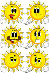 Cartoon sun making handshake. Collection with happy faces. Expressions vector set.
