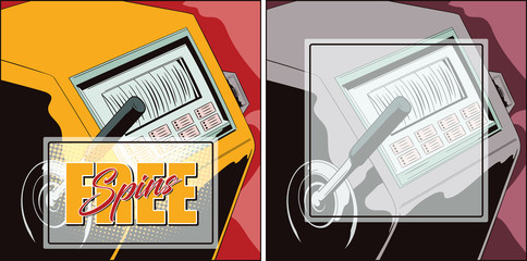 Slot machine. Free spins. Advertising casino.  Inspiration for scrapbook, banner, sticker, social network.