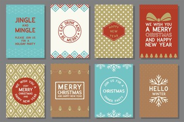 Merry Christmas typography and elements for holidays with greeting card template and pattern in retro style