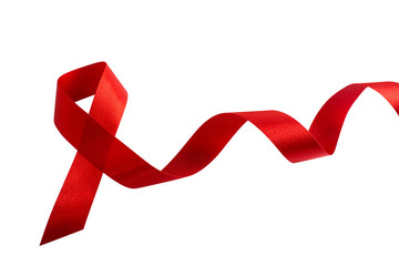 red ribbon symbolic bow color raising awareness on people living with tumor Breast cancer isolated on white background