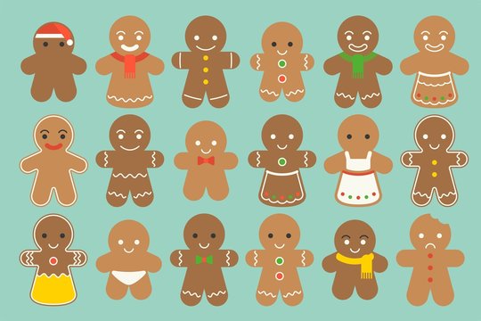 Set of different Gingerbread man with  different fashion such as Christmas hat, bow tie, maid, scarf in flat design