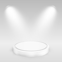 Round podium illuminated by spotlights. Graphic concept for your design
